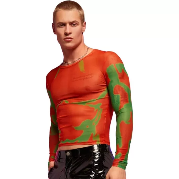 WDIRARA Men's Mesh Sheer Graphic Print Long Sleeve Tee Casual Crewneck Party Shirts
