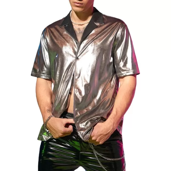 WDIRARA Men's Metallic Button Down Short Sleeve Collared Shirt Rave Party Shirt Top