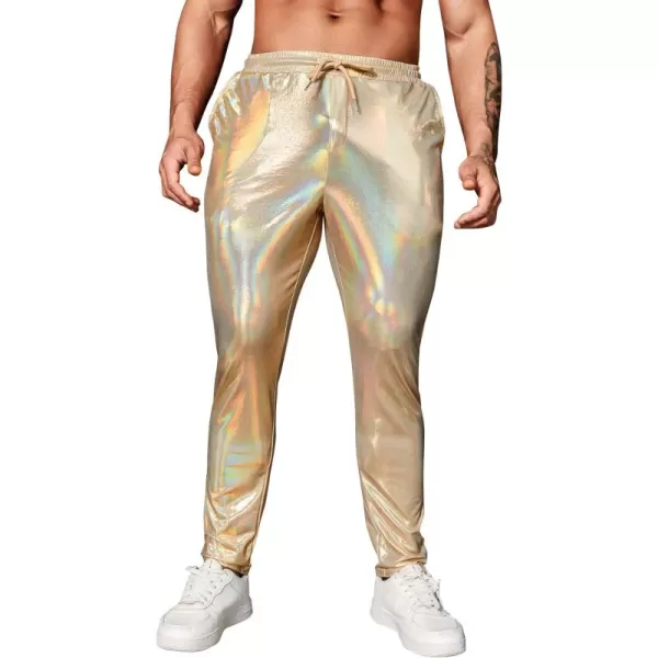 WDIRARA Men's Metallic Drawstring Waist Holographic Party Club Pants with Pockets