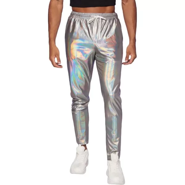 WDIRARA Men's Metallic Drawstring Waist Holographic Party Club Pants with Pockets