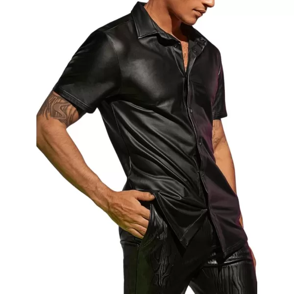 WDIRARA Men's PU Leather Button Down Short Sleeve Dress Shirt Casual Streetwear Top