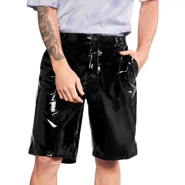 WDIRARA Men's PU Leather Drawstring Waist Wide Legs Shorts