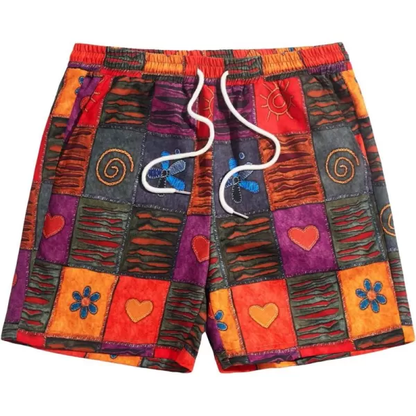 WDIRARA Men's Patchwork Print Drawstring Waist Shorts Summer Beach Casual Shorts