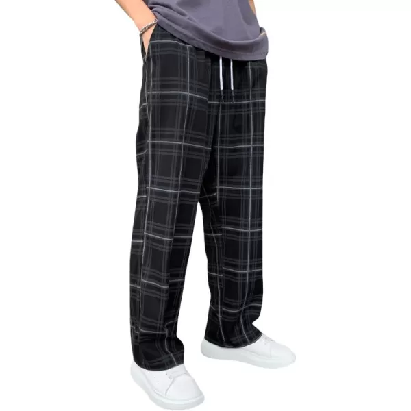 WDIRARA Men's Plaid Drawstring Waist Workout Active Pants with Pockets