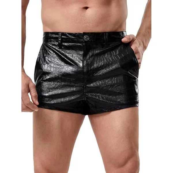 WDIRARA Men's Pu Leather Button Pocket Zipper Fly Street Wear Straight Leg Shorts
