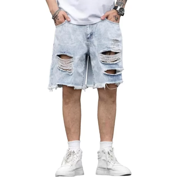 WDIRARA Men's Ripped Denim Shorts Straight Leg Raw Hem Frayed Distressed Jean Shorts Pants