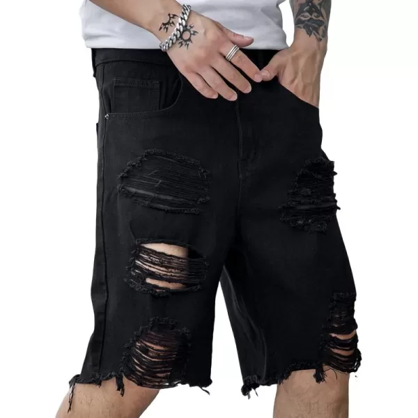 WDIRARA Men's Ripped Denim Shorts Straight Leg Raw Hem Frayed Distressed Jean Shorts Pants