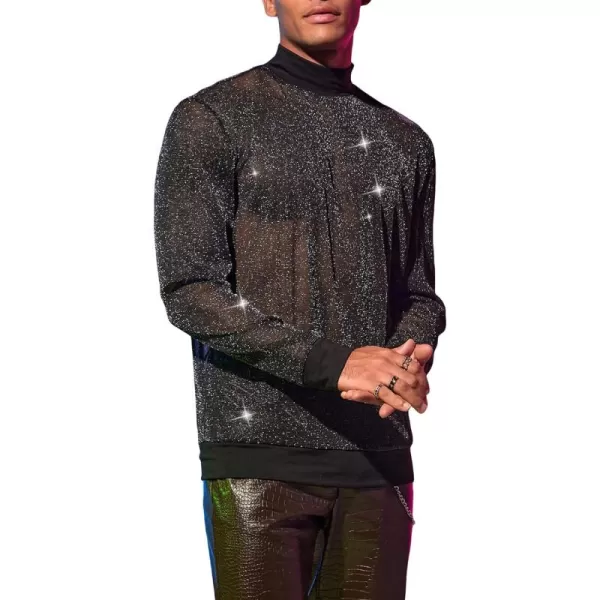 WDIRARA Men's Round Neck Long Sleeve Glitter Sweatshirt Party Club Metallic Tops