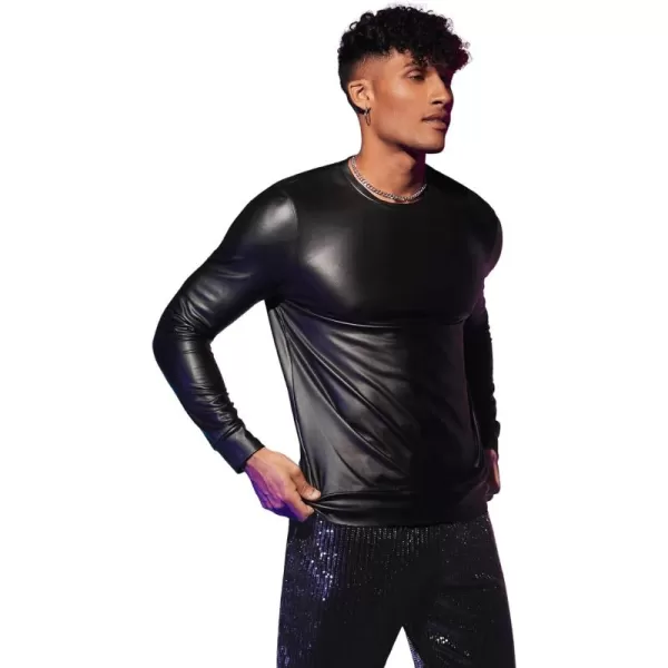 WDIRARA Men's Round Neck Long Sleeve PU Leather Sweatshirt Party Club Pullovers