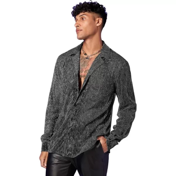WDIRARA Men's Sheer Mesh See Through Glitter Button Front Long Sleeve Shirt Tops