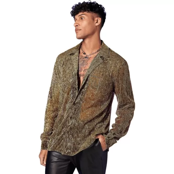 WDIRARA Men's Sheer Mesh See Through Glitter Button Front Long Sleeve Shirt Tops
