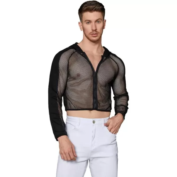WDIRARA Men's Sheer Mesh Zip Front Hooded Long Sleeve Sweatshirt See Through Party Top