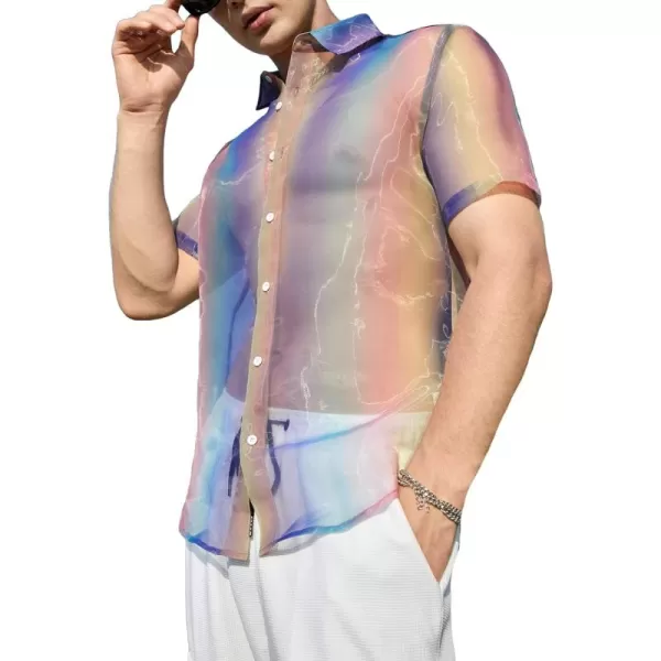 WDIRARA Men's Sheer Ombre Button Down Short Sleeve Organza Party Disco Shirt Top