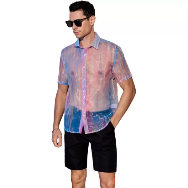 WDIRARA Men's Sheer Ombre Button Down Short Sleeve Organza Party Disco Shirt Top