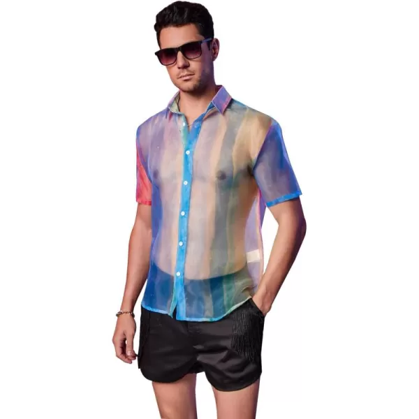 WDIRARA Men's Sheer Ombre Button Down Short Sleeve Organza Party Disco Shirt Top