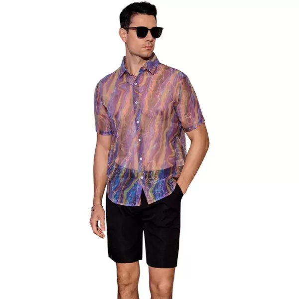 WDIRARA Men's Sheer Ombre Button Down Short Sleeve Organza Party Disco Shirt Top