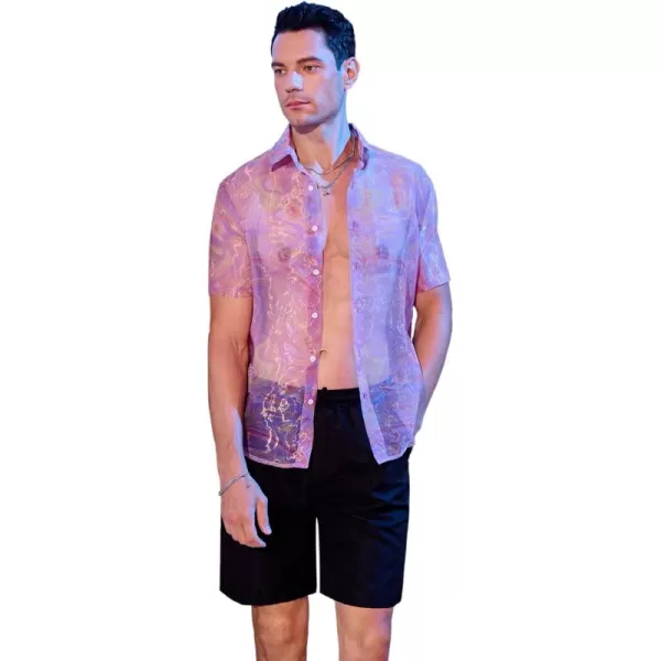 WDIRARA Men's Sheer Ombre Button Down Short Sleeve Organza Party Disco Shirt Top