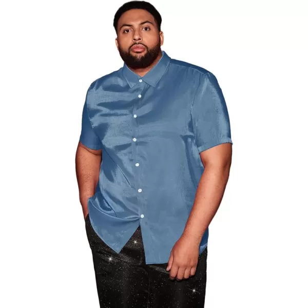 WDIRARA Men's Silk Satin Metallic Button Down Short Sleeve Collared Shirts Rave Disco Club Tops