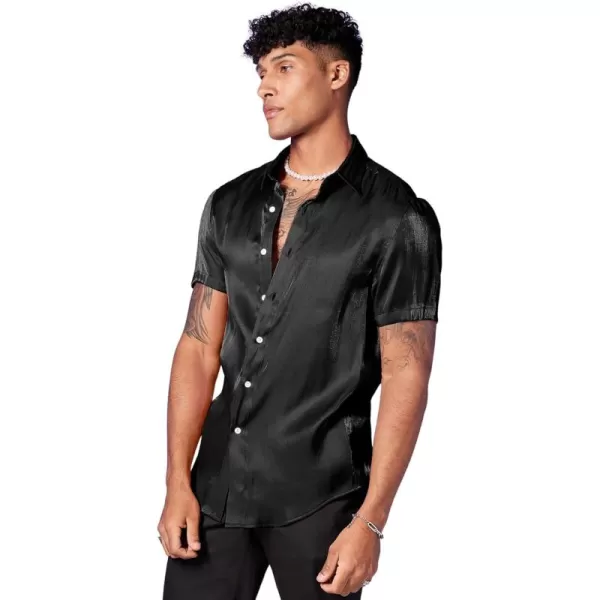 WDIRARA Men's Silk Satin Metallic Button Down Short Sleeve Collared Shirts Rave Disco Club Tops