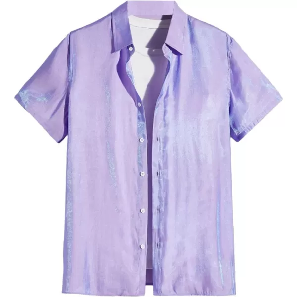 WDIRARA Men's Silk Satin Metallic Button Down Short Sleeve Collared Shirts Rave Disco Club Tops