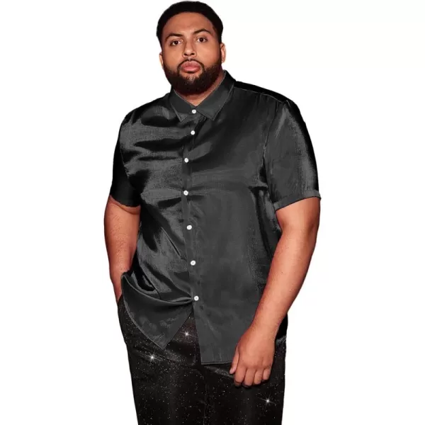 WDIRARA Men's Silk Satin Metallic Button Down Short Sleeve Collared Shirts Rave Disco Club Tops
