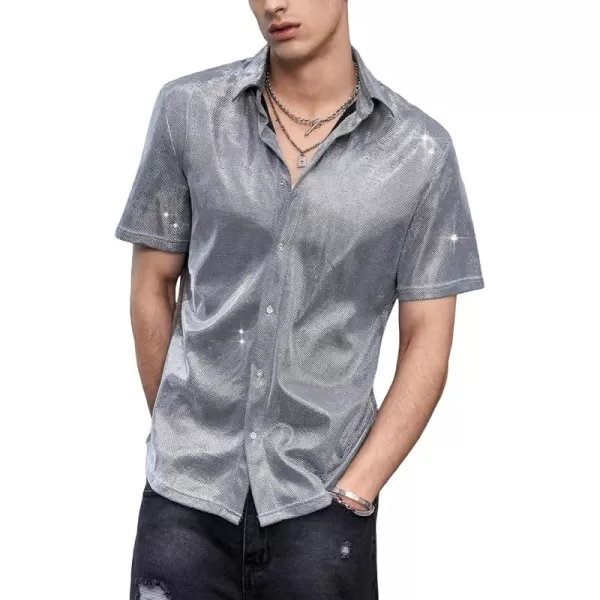 WDIRARA Men's Silk Satin Metallic Button Down Short Sleeve Collared Shirts Rave Disco Club Tops