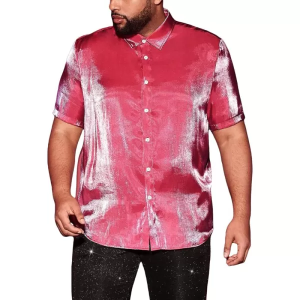 WDIRARA Men's Silk Satin Metallic Button Down Short Sleeve Collared Shirts Rave Disco Club Tops