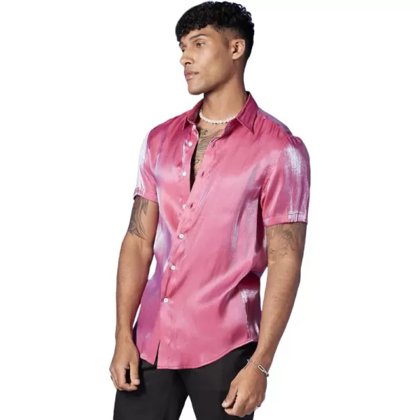 WDIRARA Men's Silk Satin Metallic Button Down Short Sleeve Collared Shirts Rave Disco Club Tops