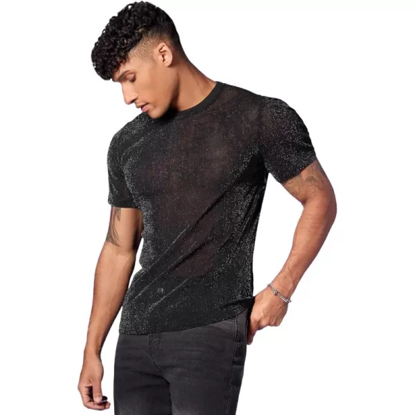 WDIRARA Men's Silk Satin Metallic Button Down Short Sleeve Collared Shirts Rave Disco Club Tops
