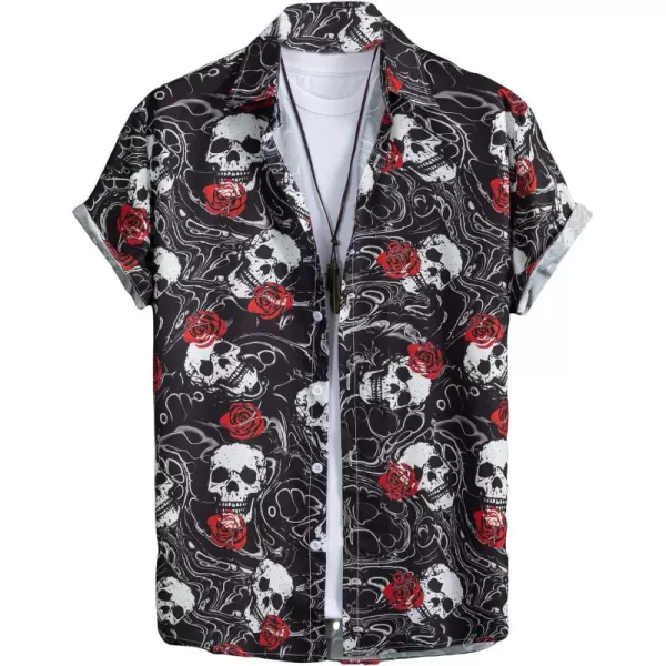 WDIRARA Men's Skull Floral Print Button Front Short Sleeve Shirt Collar Top