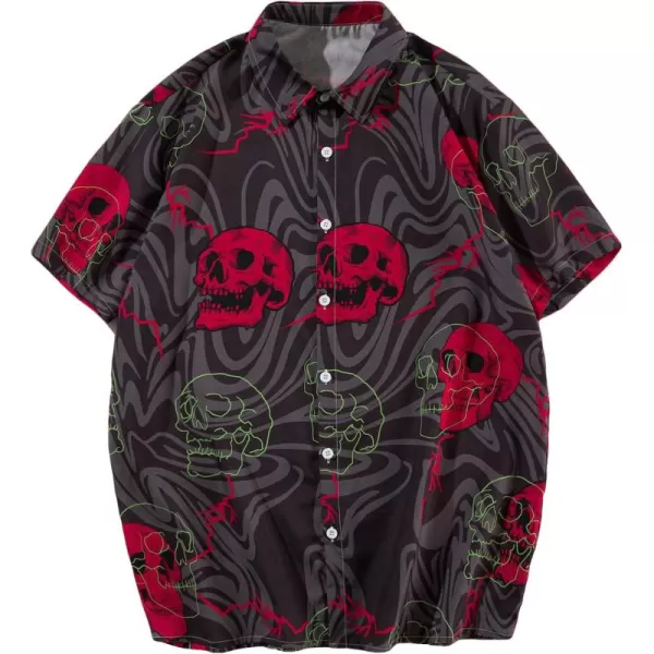 WDIRARA Men's Skull Floral Print Button Front Short Sleeve Shirt Collar Top