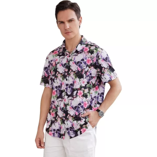 WDIRARA Men's Skull Floral Print Button Front Short Sleeve Shirt Collar Top