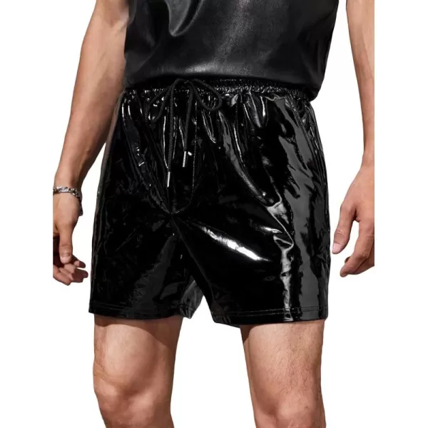 WDIRARA Men's Slant Pocket PU Leather Buttoms Drawstring Waist Straight Leg Shorts