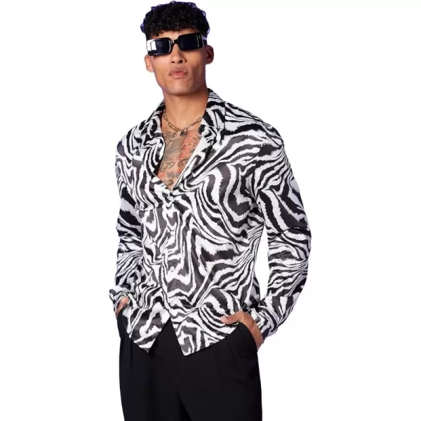 WDIRARA Men's Zebra Print Button Front Long Sleeve Shirt Casual Collar Tops