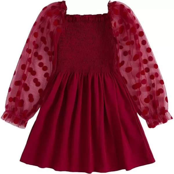 WDIRARA Toddler Girl's Polka Dots Mesh Flounce Long Sleeve Flared Shirred Dress