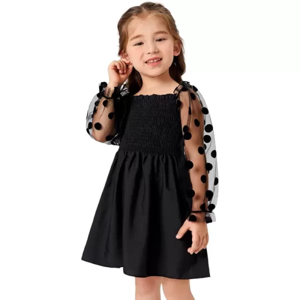 WDIRARA Toddler Girl's Polka Dots Mesh Flounce Long Sleeve Flared Shirred Dress