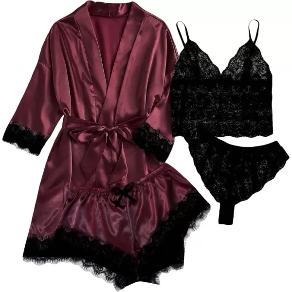 WDIRARA Women' Silk Satin Pajamas Set 4pcs Lingerie Floral Lace Cami Sleepwear with Robe
