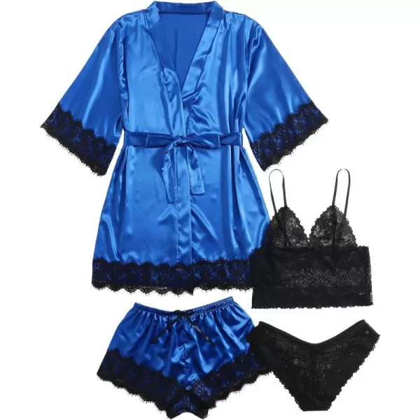 WDIRARA Women' Silk Satin Pajamas Set 4pcs Lingerie Floral Lace Cami Sleepwear with Robe