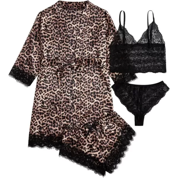 WDIRARA Women' Silk Satin Pajamas Set 4pcs Lingerie Floral Lace Cami Sleepwear with Robe