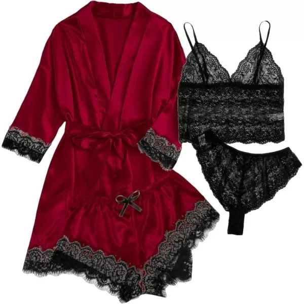 WDIRARA Women' Silk Satin Pajamas Set 4pcs Lingerie Floral Lace Cami Sleepwear with Robe