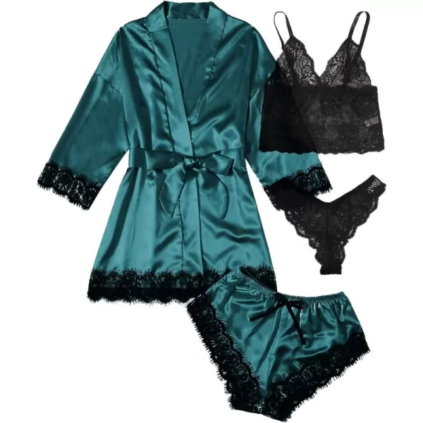 WDIRARA Women' Silk Satin Pajamas Set 4pcs Lingerie Floral Lace Cami Sleepwear with Robe