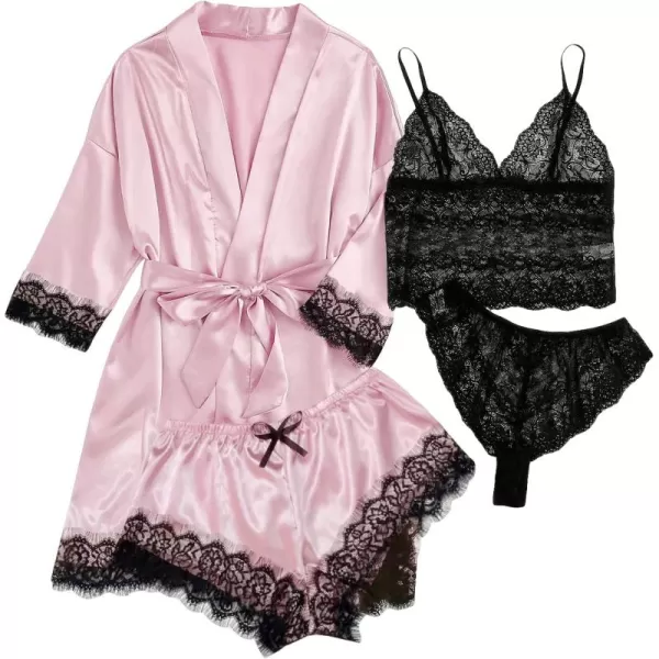 WDIRARA Women' Silk Satin Pajamas Set 4pcs Lingerie Floral Lace Cami Sleepwear with Robe