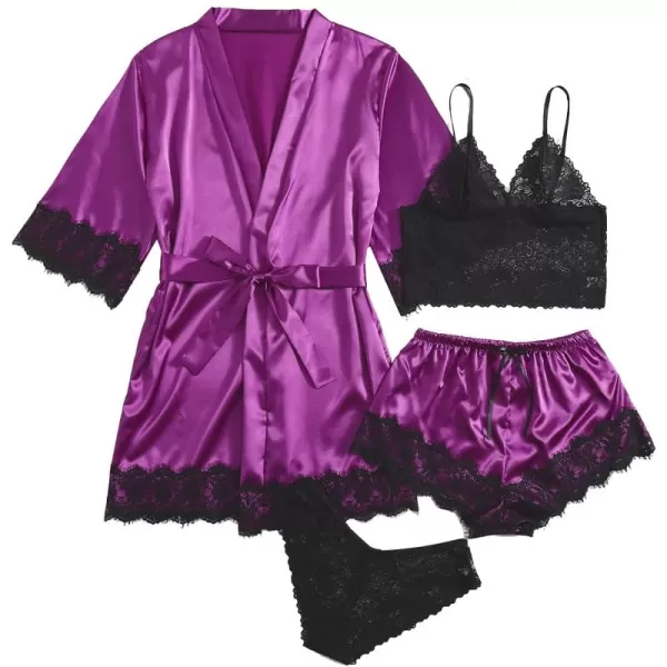 WDIRARA Women' Silk Satin Pajamas Set 4pcs Lingerie Floral Lace Cami Sleepwear with Robe