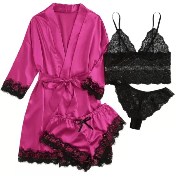 WDIRARA Women' Silk Satin Pajamas Set 4pcs Lingerie Floral Lace Cami Sleepwear with Robe