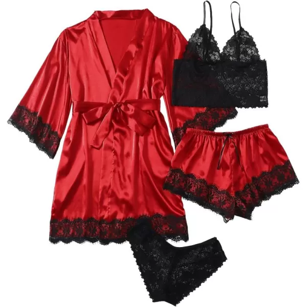 WDIRARA Women' Silk Satin Pajamas Set 4pcs Lingerie Floral Lace Cami Sleepwear with Robe