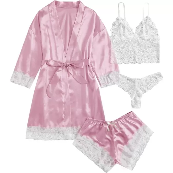 WDIRARA Women' Silk Satin Pajamas Set 4pcs Lingerie Floral Lace Cami Sleepwear with Robe