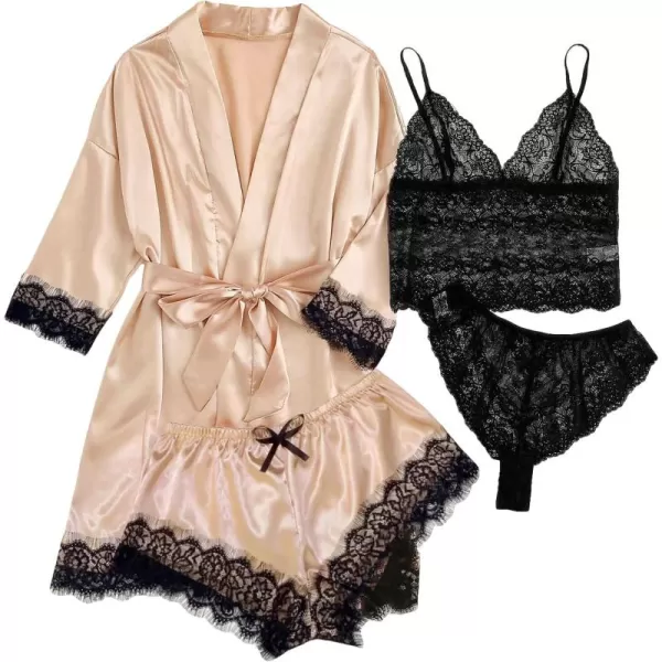 WDIRARA Women' Silk Satin Pajamas Set 4pcs Lingerie Floral Lace Cami Sleepwear with Robe