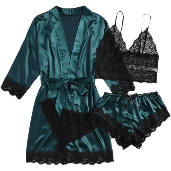 WDIRARA Women' Silk Satin Pajamas Set 4pcs Lingerie Floral Lace Cami Sleepwear with Robe