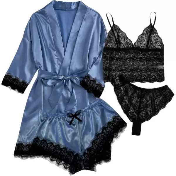 WDIRARA Women' Silk Satin Pajamas Set 4pcs Lingerie Floral Lace Cami Sleepwear with Robe