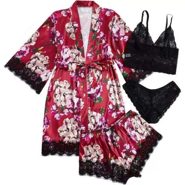 WDIRARA Women' Silk Satin Pajamas Set 4pcs Lingerie Floral Lace Cami Sleepwear with Robe